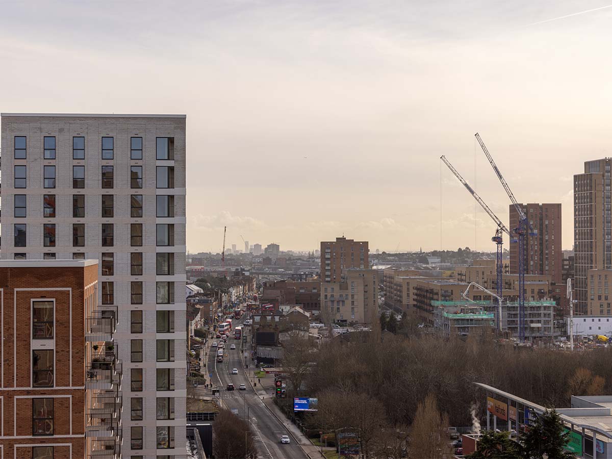 city skyline with modern buildings at square roots