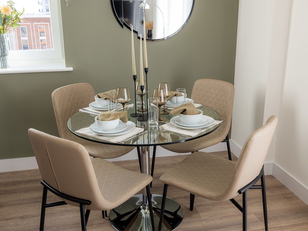 modern glass dining table with four chairs at square roots