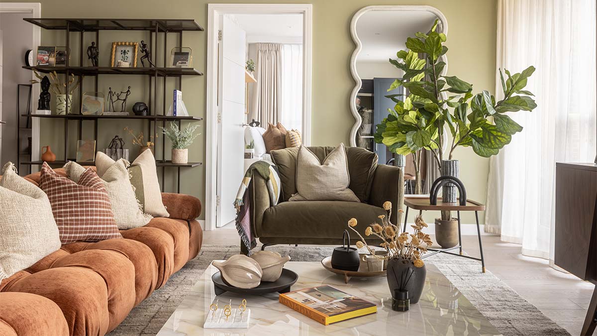 Open concept living with shelves and mirror