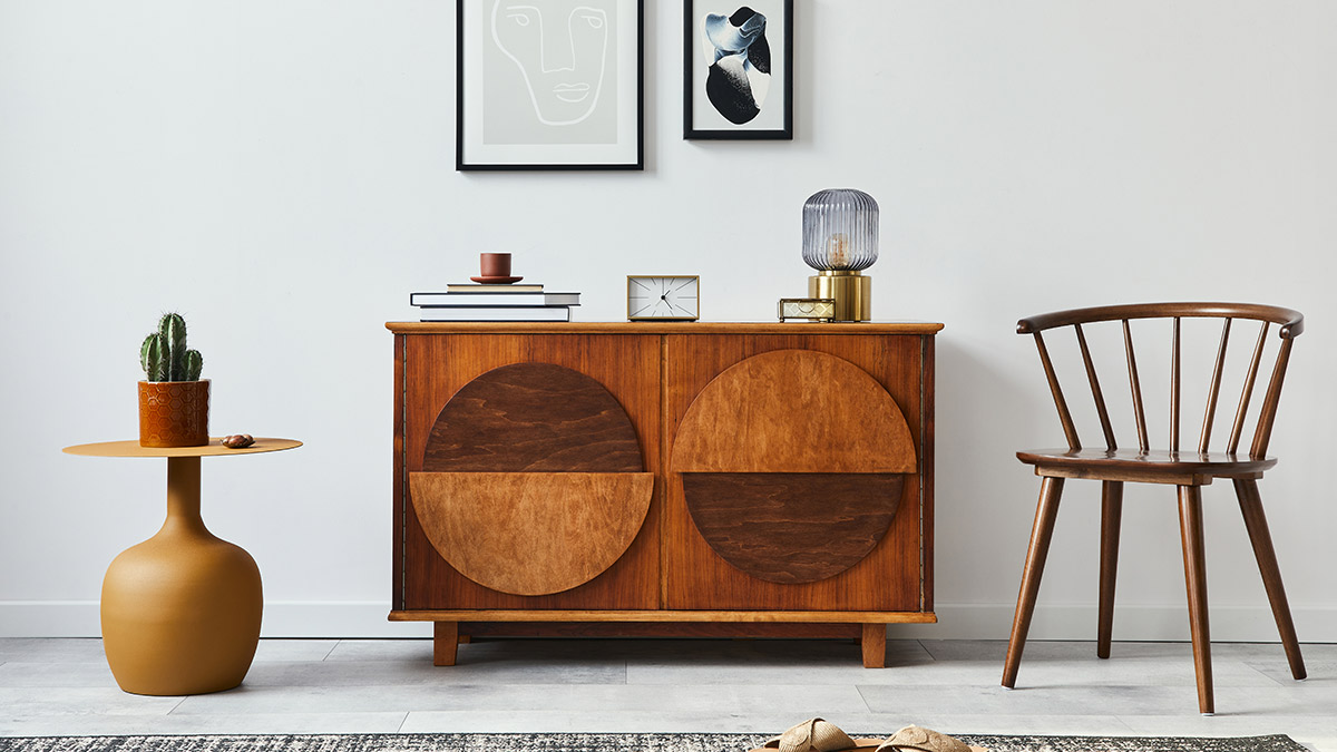 Room with wood cabinet and chair