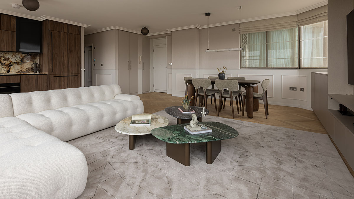 Interior room, sofa and dining area with decor