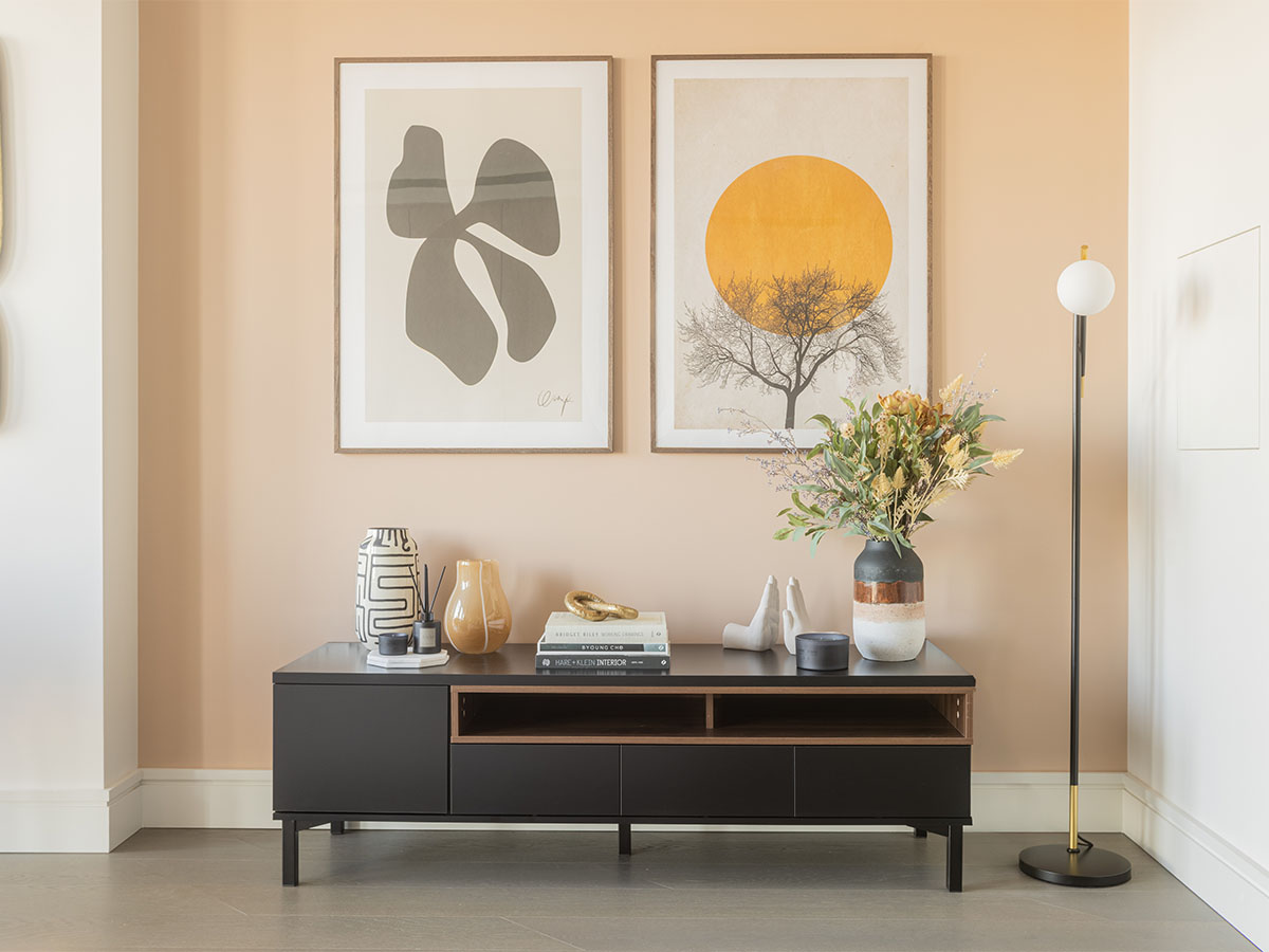 Living Room TV Stand with Art and Floor Lamp