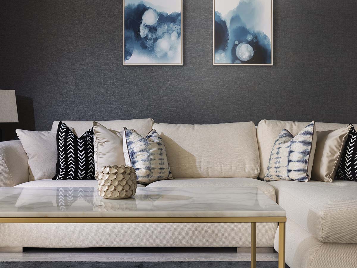 Living room sofa with marble coffee table