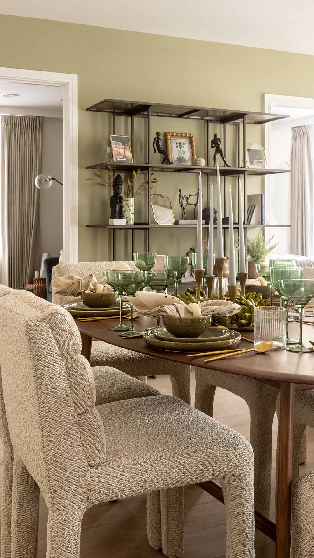 Modern dining area with textured chairs at Fulton & Fifth