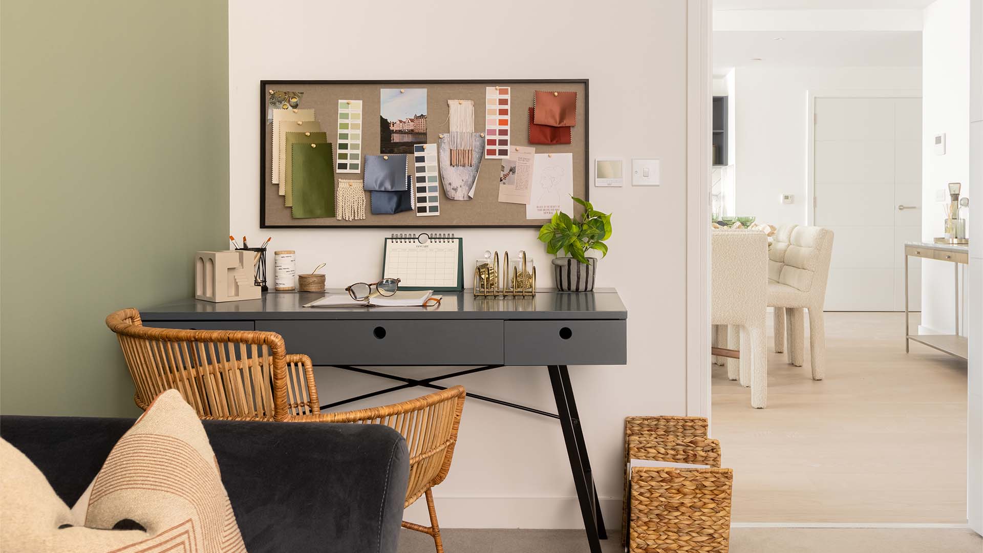 Stylish workspace with inspiration board at Fulton & Fifth