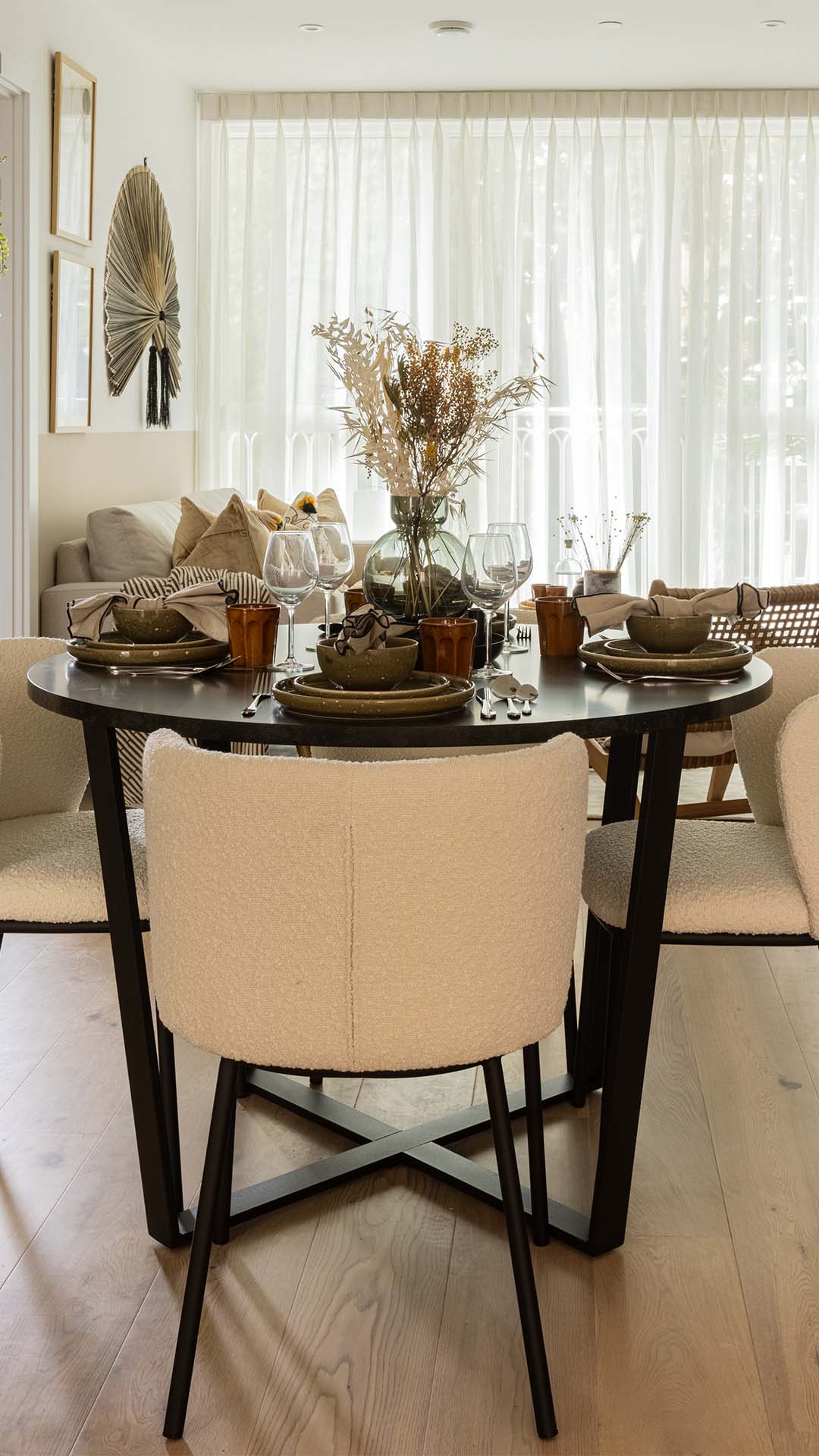 Dining table with floral vase centerpiece