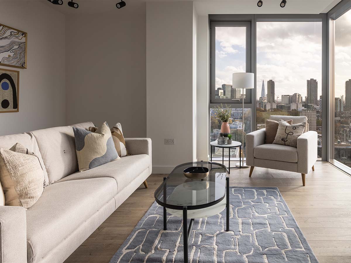 Living room design, seating and urban view
