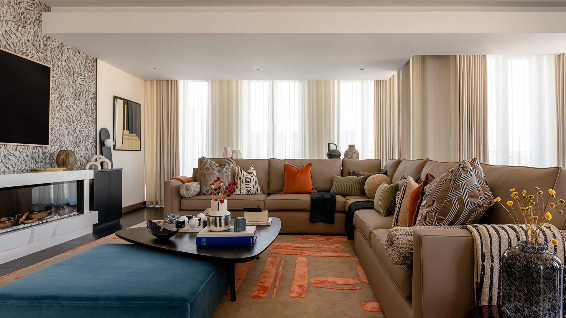 Riverspace Living Room with Leather Sectional & Fireplace