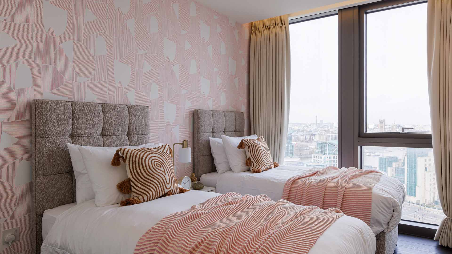 Triptych Bankside Twin Bedroom with Pink Patterned Wallpaper