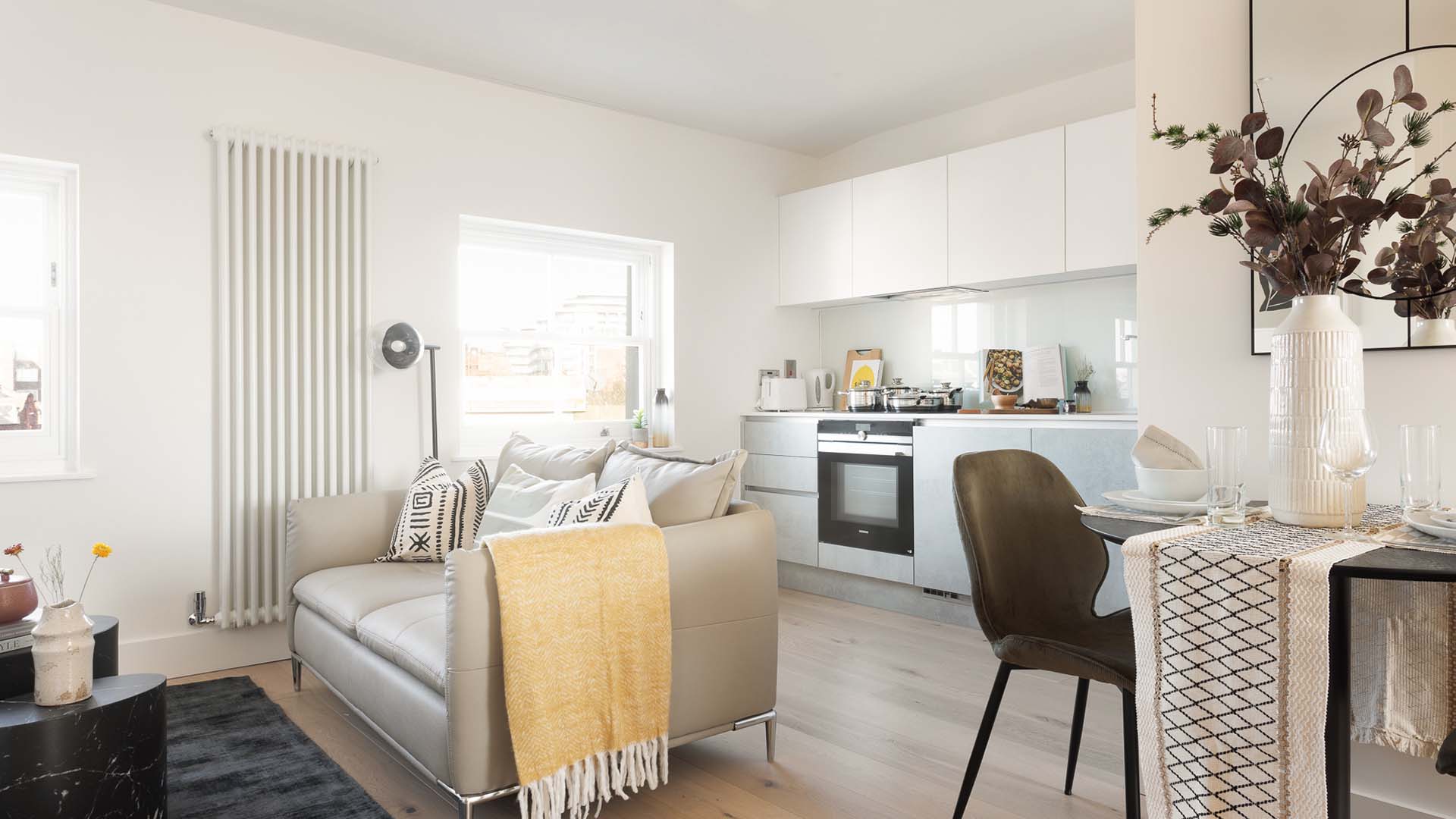 Bright open-plan kitchen and living area with stylish decor
