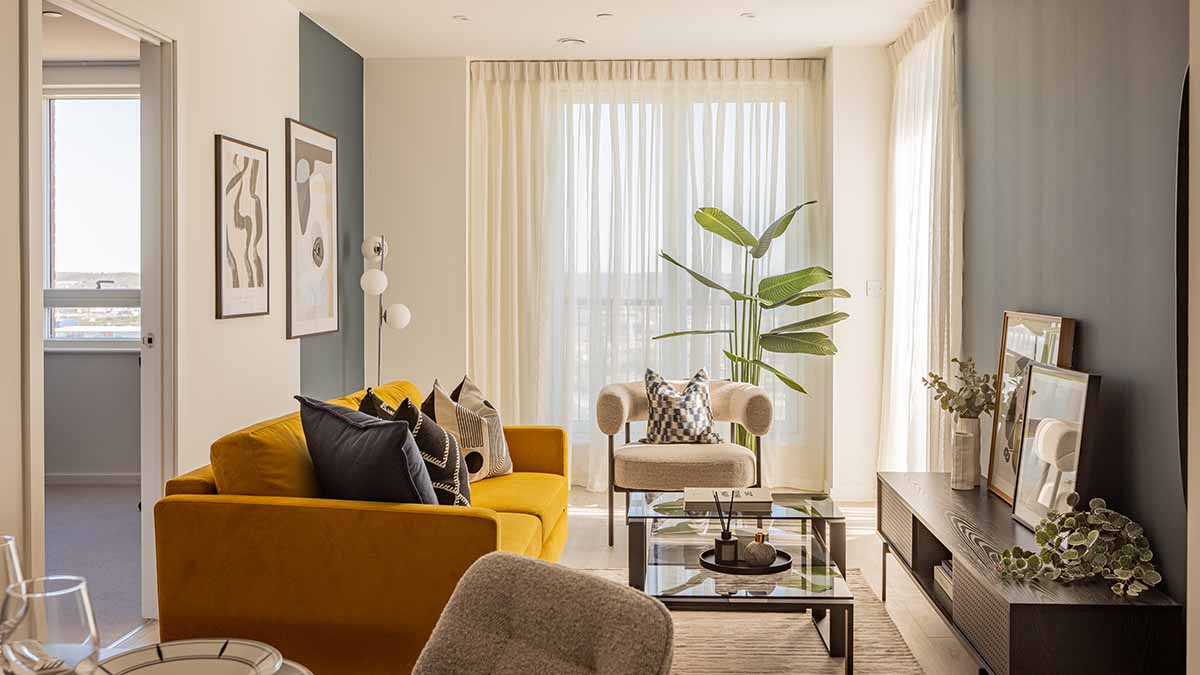Full view of a professionally furnished London flat living room, showcasing a comprehensive InStyle Direct furnishing package for overseas investors.