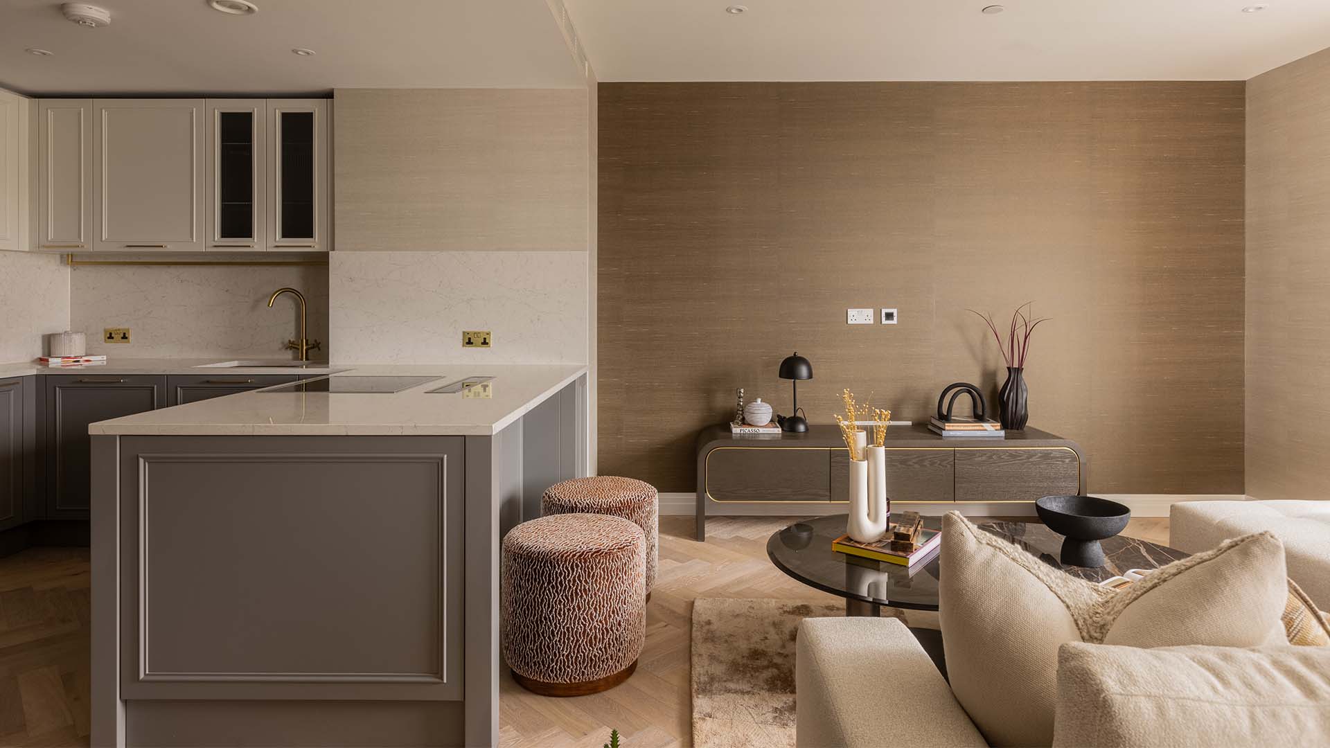 Stylish living area detail in a Kings Tower Chelsea London flat, showcasing a professionally designed media unit and decor