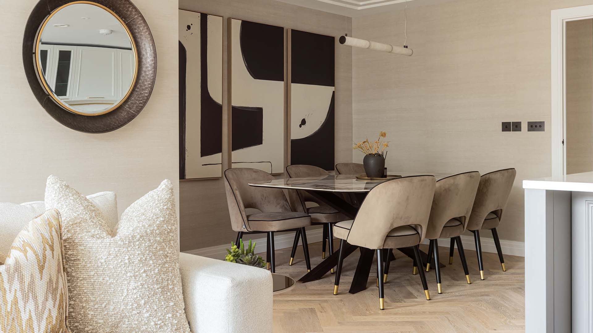 Overview of the living and dining areas in a Kings Tower Chelsea London flat, showcasing a cohesive design