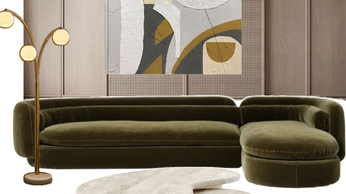 Interior design mood board with a green velvet sofa