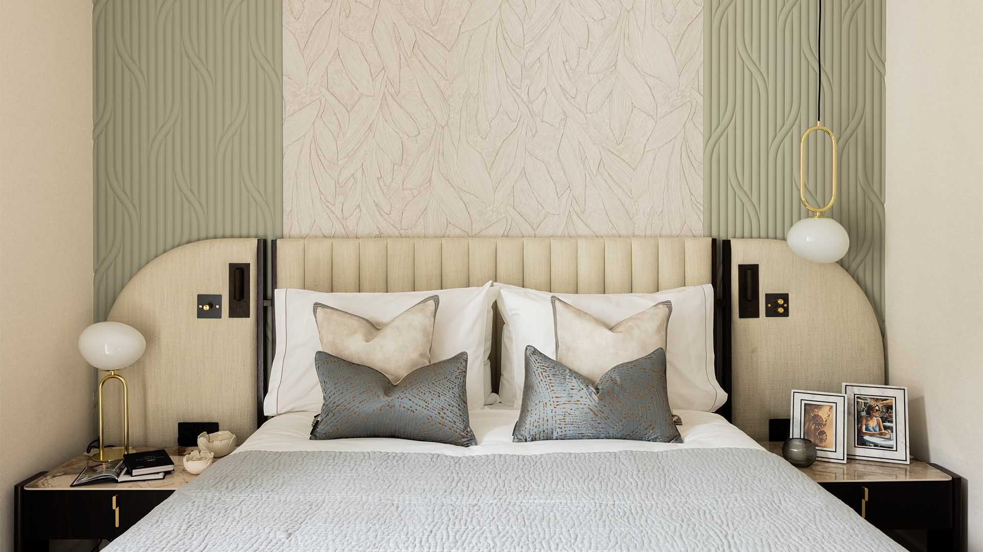 Luxury bedroom with textured wallpaper and modern lighting, professionally designed to enhance a London property's value