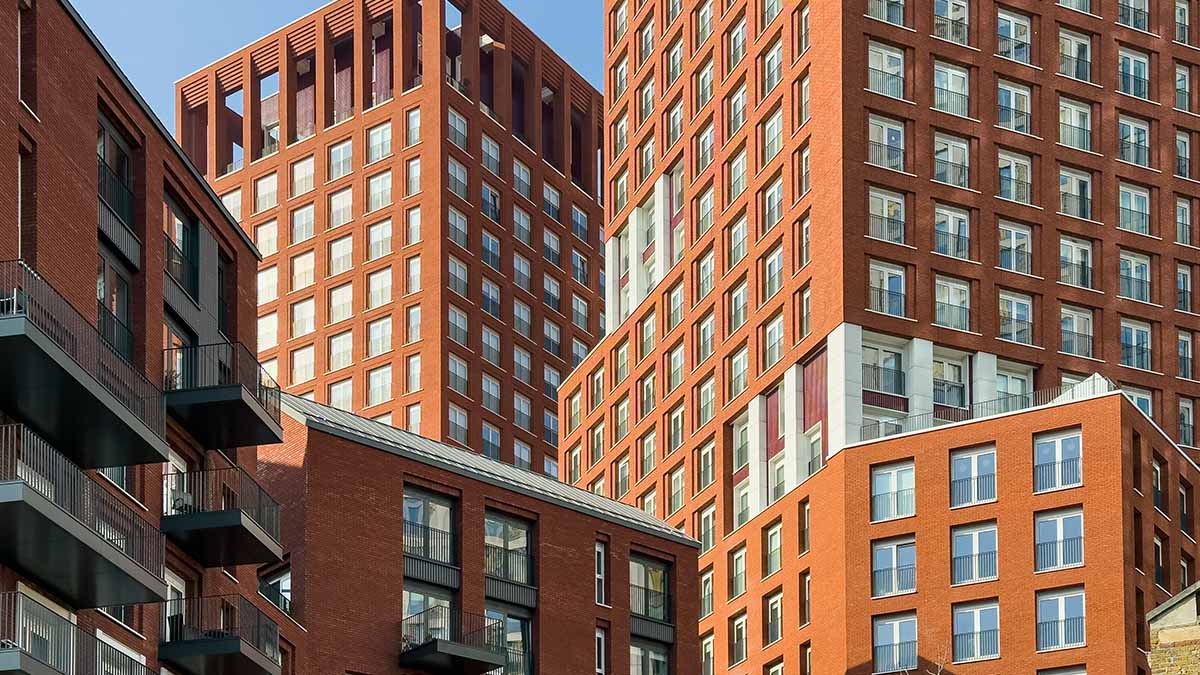 The distinctive modern red brick architecture of the tall apartment buildings at the Keybridge development in Vauxhall, London