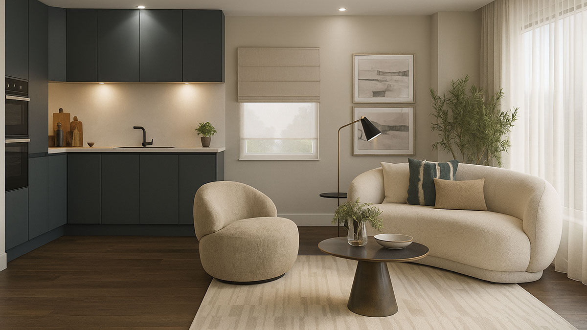 Open-plan living area with a dark green kitchen and curved sofa