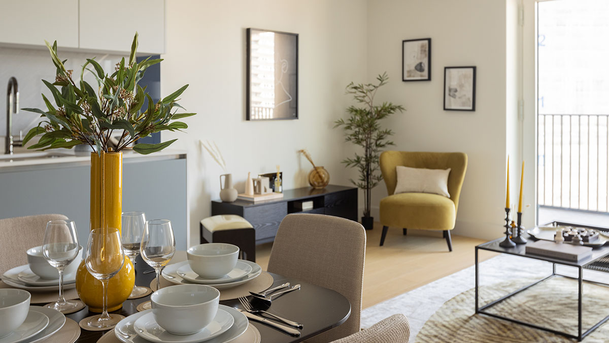 Staged London flat living room with a dining area, showing a high-quality furniture solution from InStyle Direct