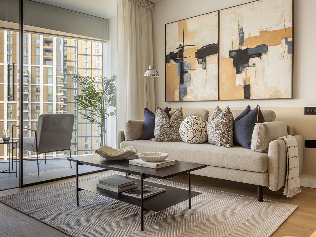 Detail of elegant London flat living room, demonstrating interior design impact for investors