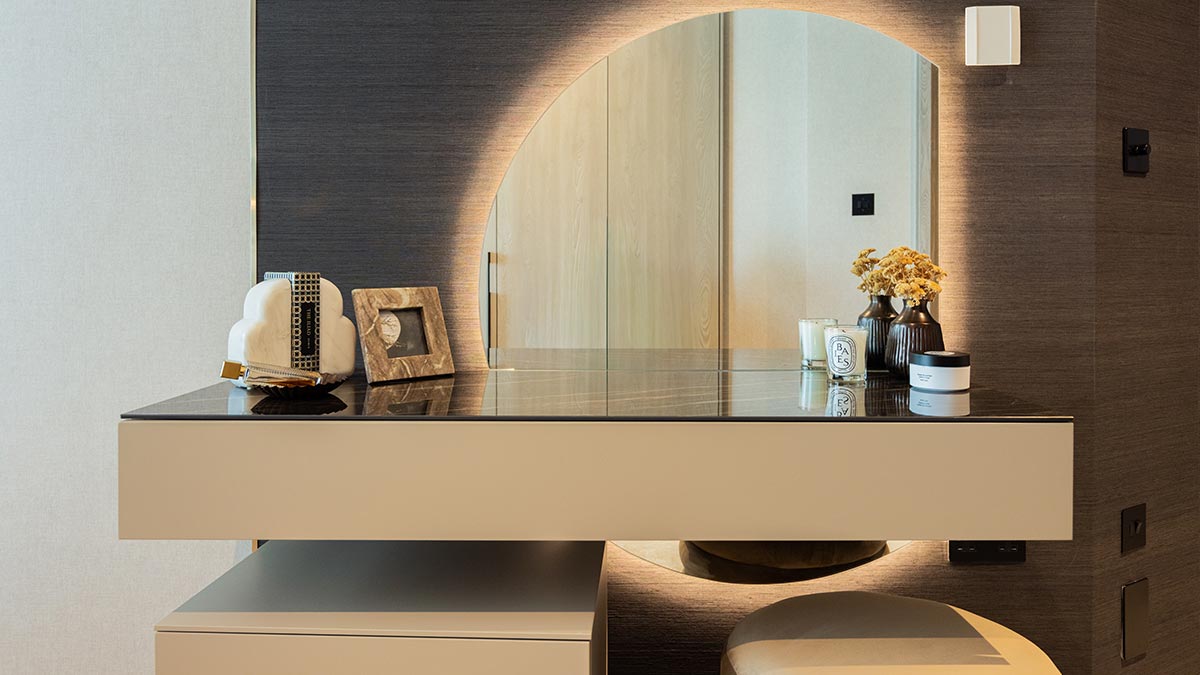 Luxurious dressing table setup in a London flat, part of a high-end furnishing package