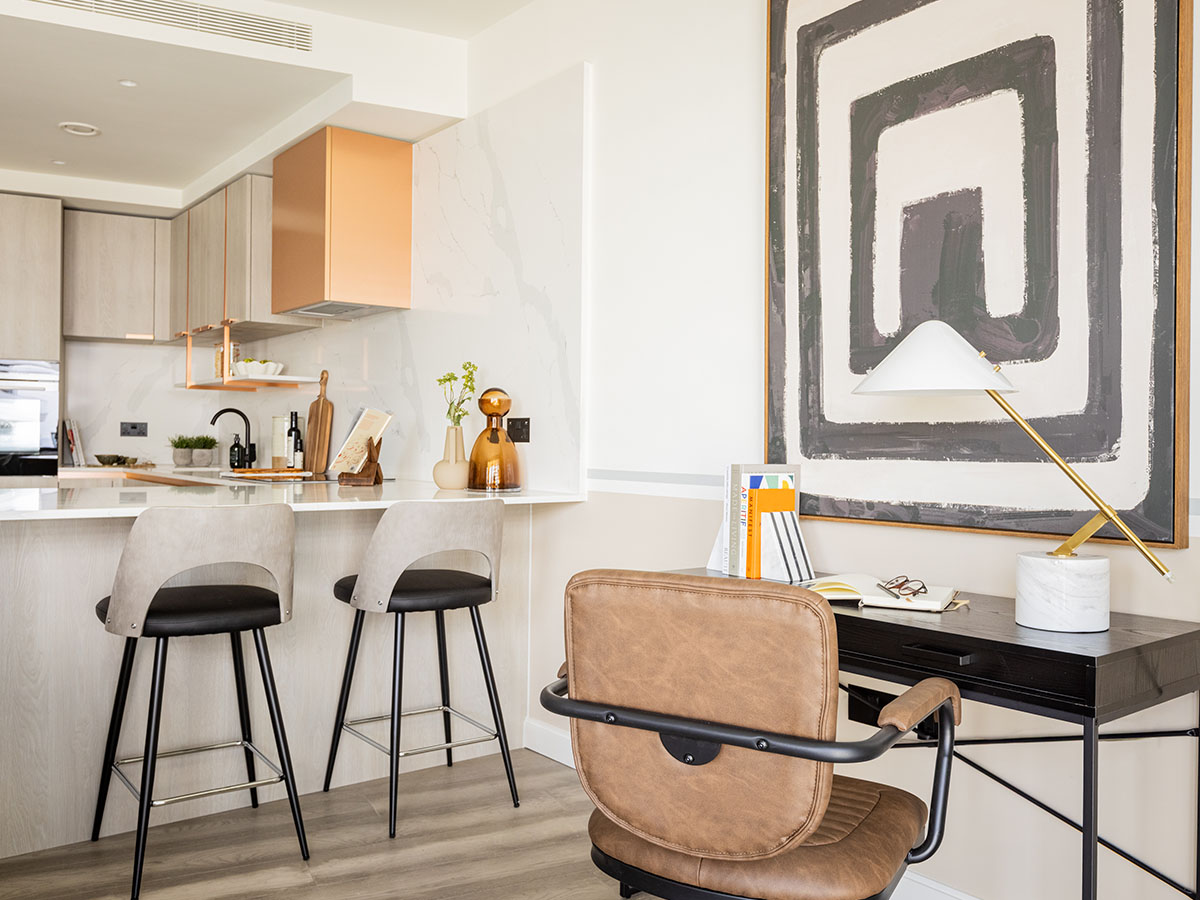 Sleek, modern kitchen in a show home at Aspen, Canary Wharf, highlighting rental potential for Hong Kong investors