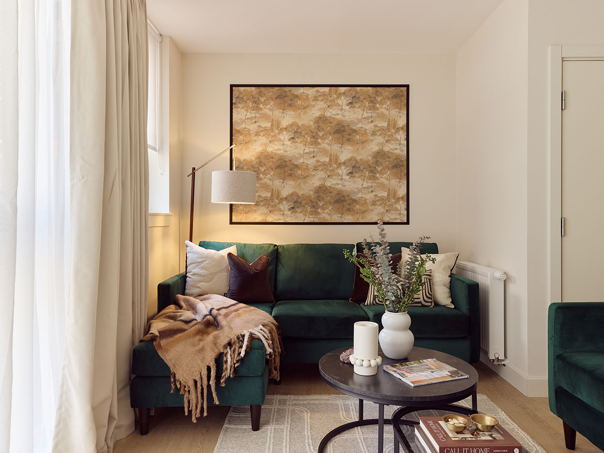 Cozy, professionally furnished living room in a London flat, maximizing rental appeal for landlords.