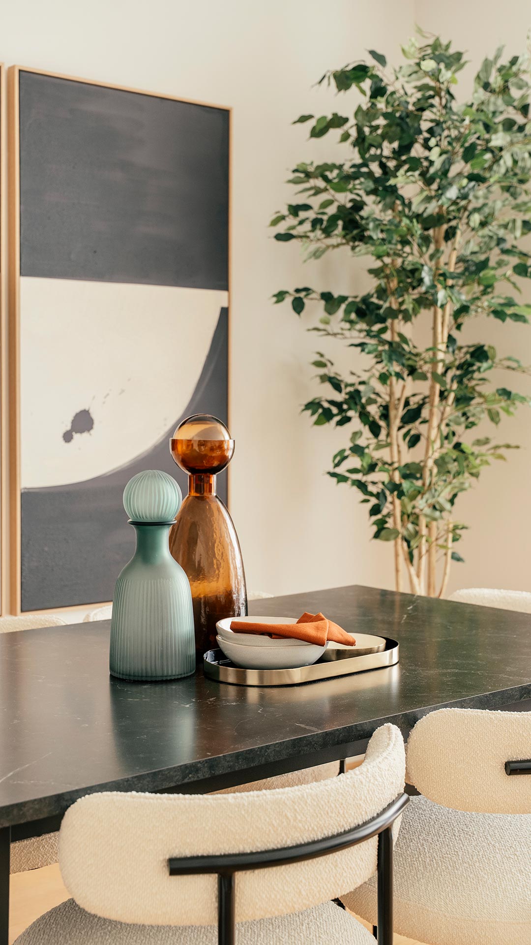 Modern dining table decor in a London flat, showcasing a professional furnishing package for overseas investors