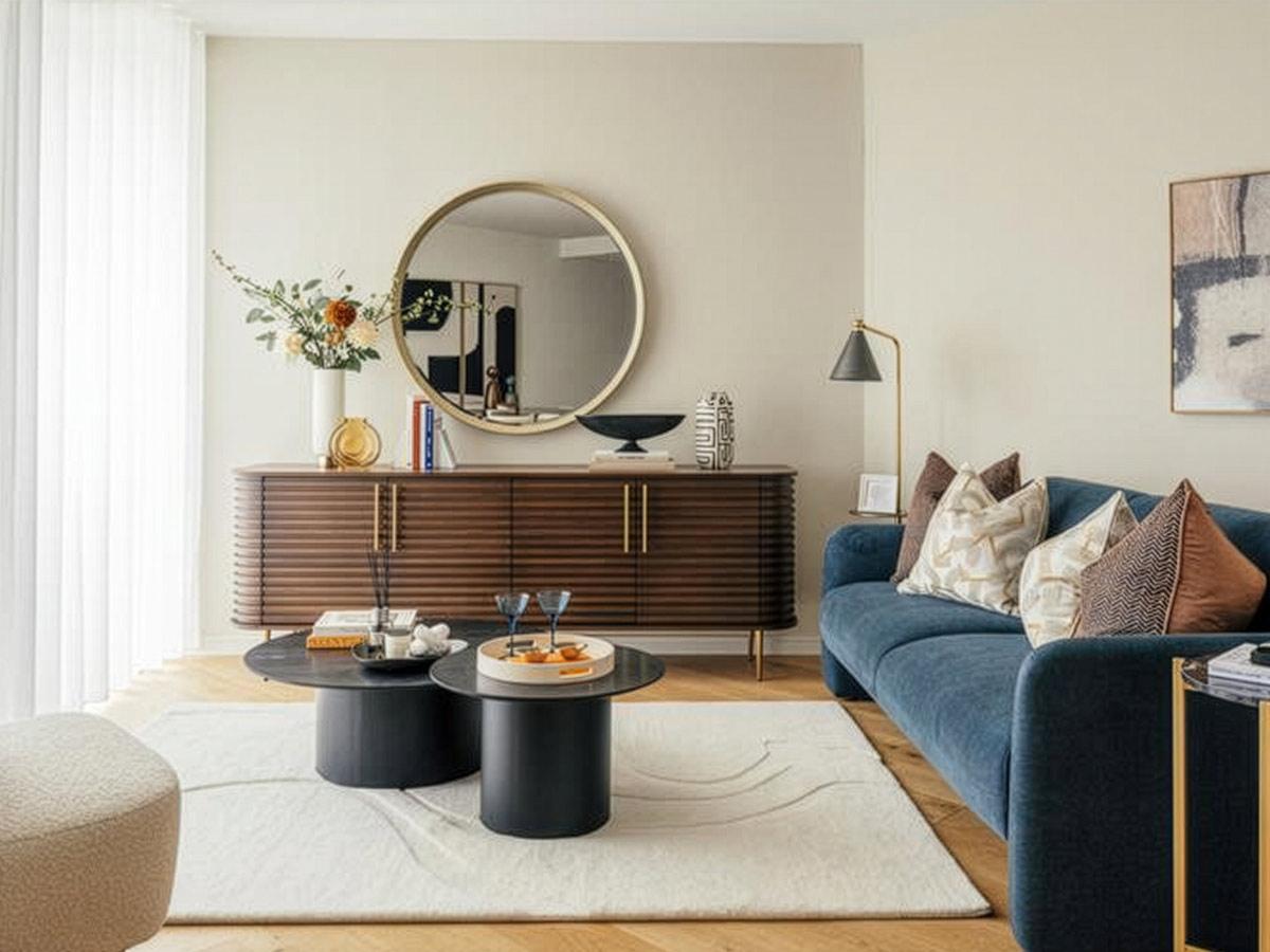 A modern living room at the Riverside project, featuring a stylish blue sofa, a slatted dark wood console, a large round mirror, and black nesting coffee tables