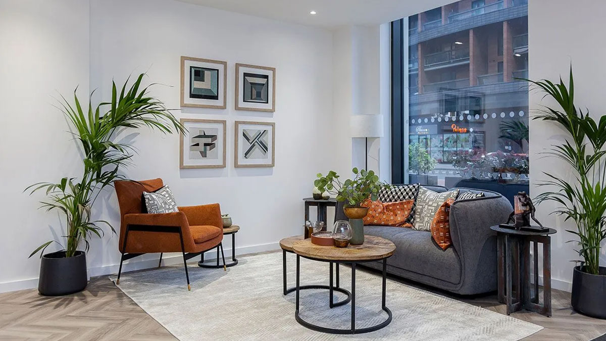 Modern London Lounge – InStyle Direct Furnishing Modern London lounge professionally furnished with plants and decor to boost rental appeal for overseas landlords