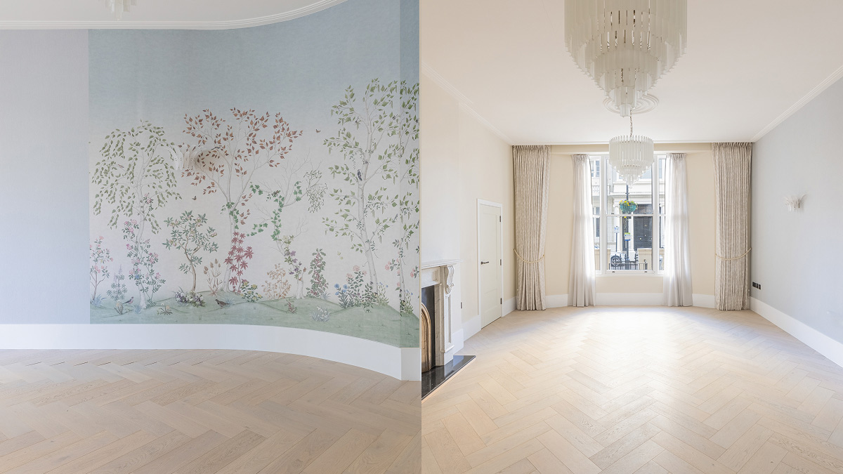 Empty luxury London flat living room. High-end finish before professional furnishing for rental market appeal