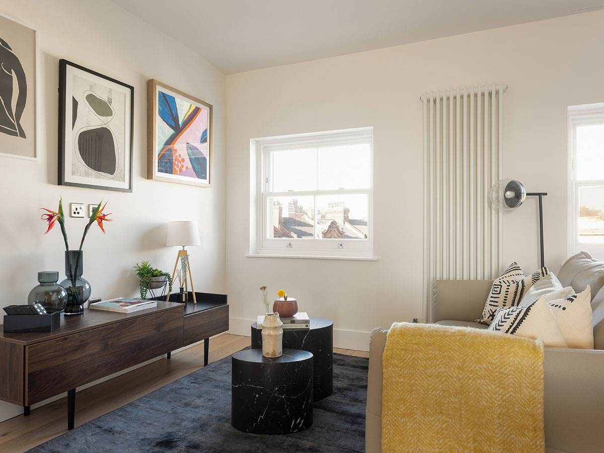 Modern living room transformation in London showcasing professional interior design for BTR student housing.