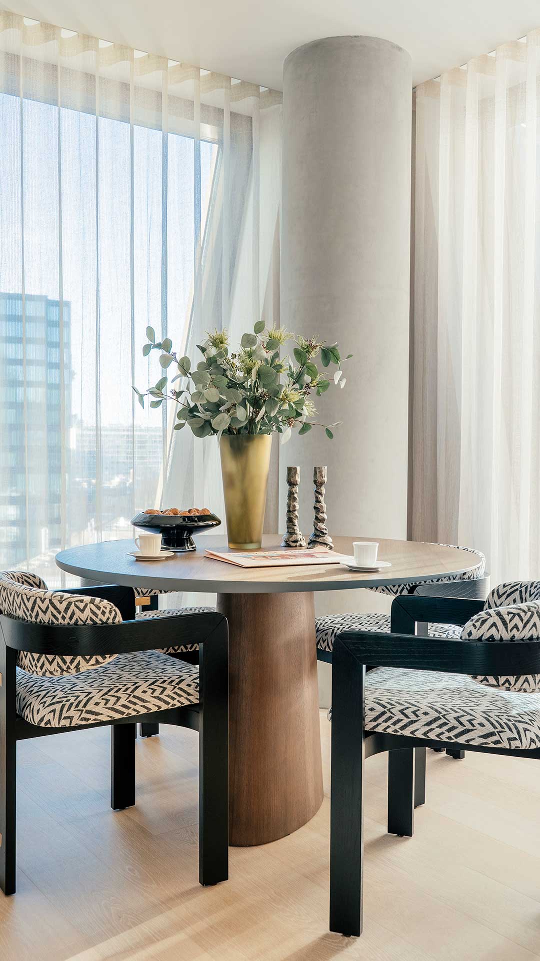 Close-up of designer furniture and accessories in a London flat, part of a professional furnishing package