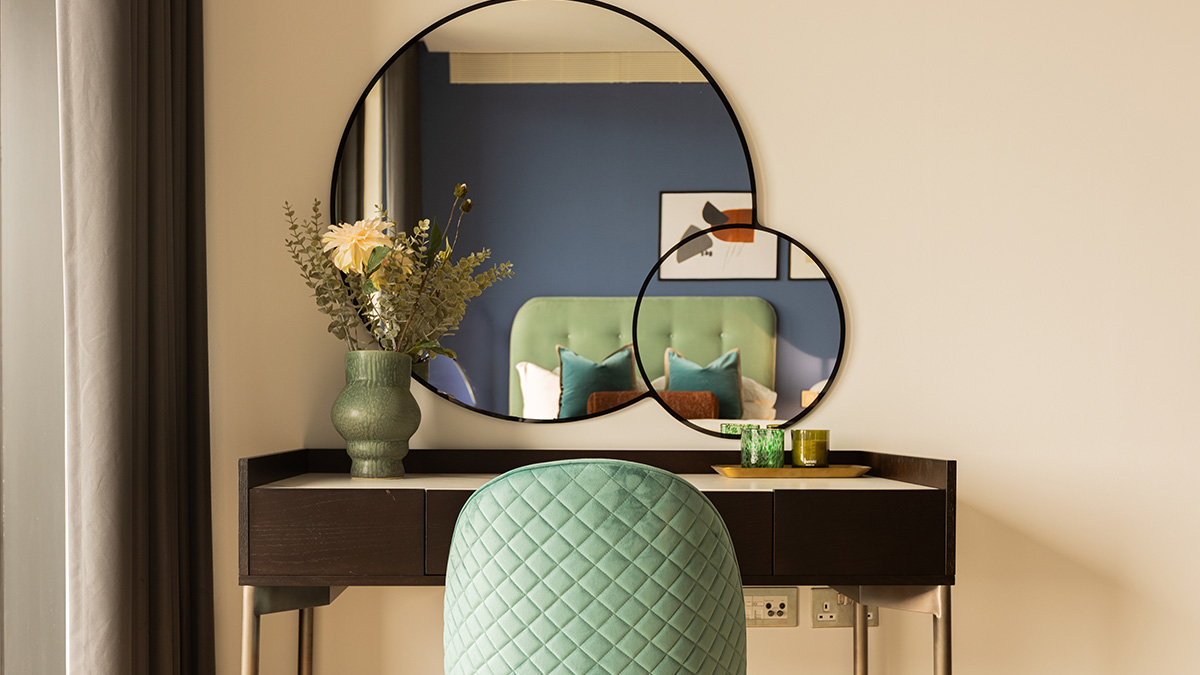Designer vanity area in a London apartment, part of an InStyle Direct transformation to increase rental appeal.