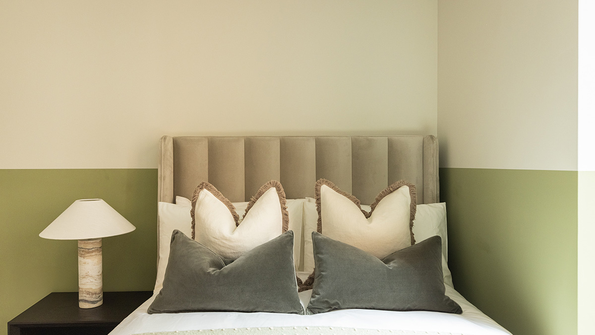 Guest bedroom interior design for a holiday home with neutral tones and modern furnishings