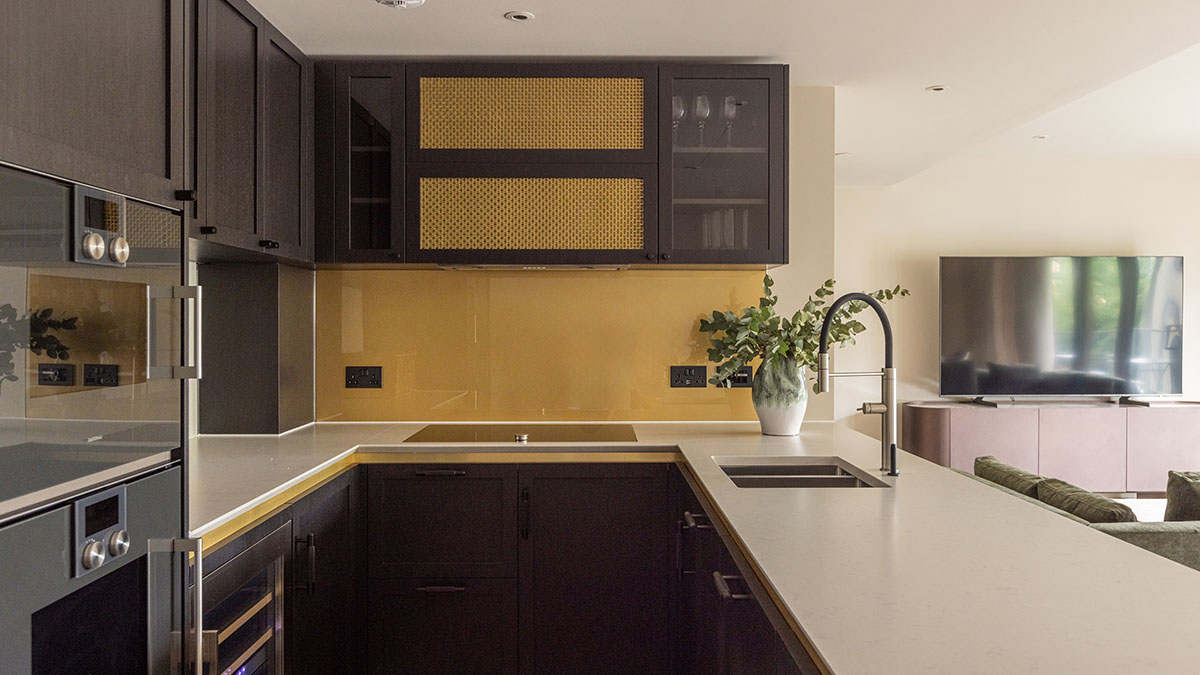 Open plan kitchen interior design for a holiday home in Chelsea Waterfront London