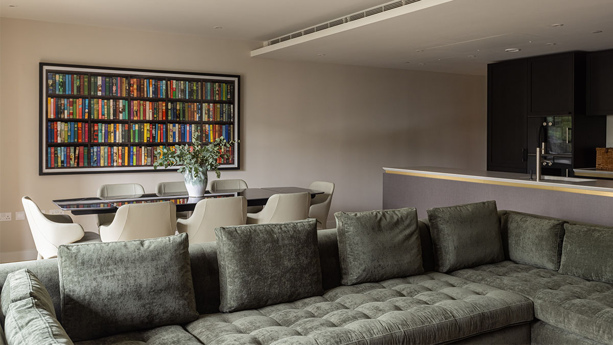 Holiday home interior design in Chelsea Waterfront London featuring bespoke furniture and modern dining area