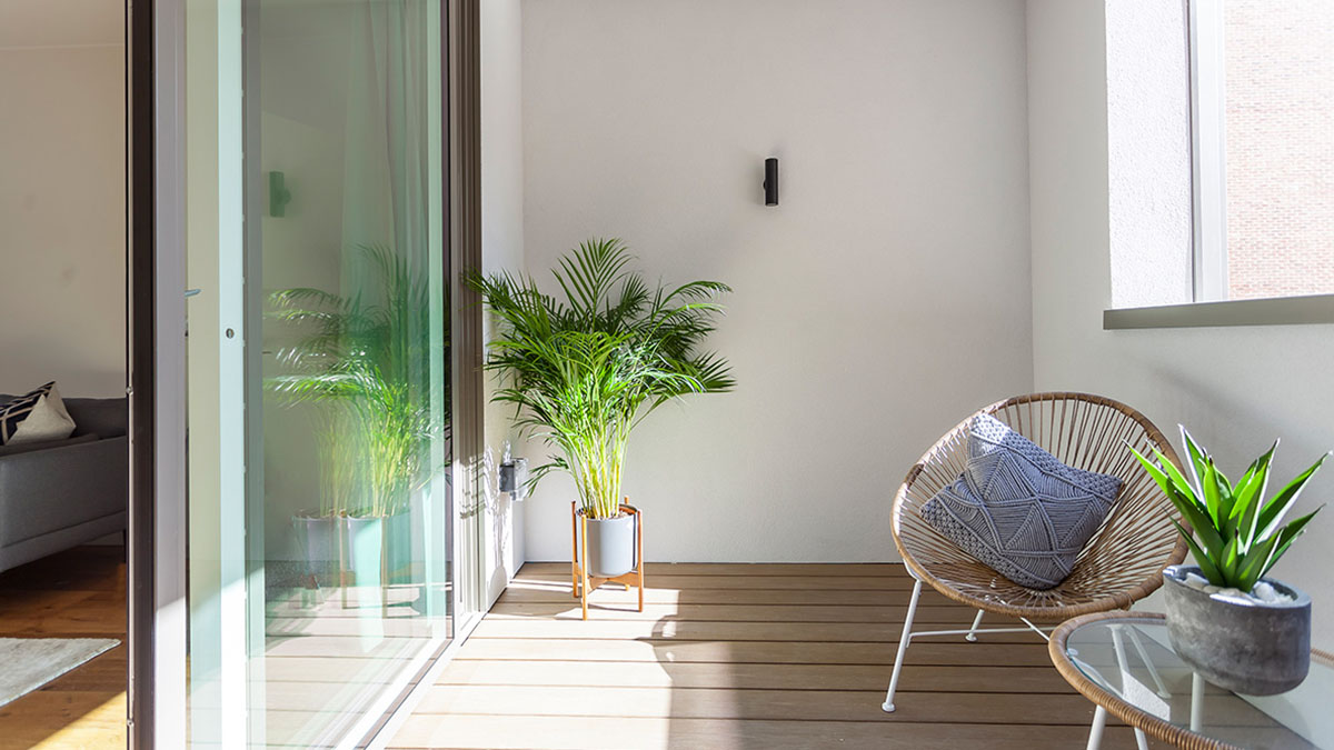 Modern apartment balcony with rattan chair, cushion and indoor plants in natural sunlight