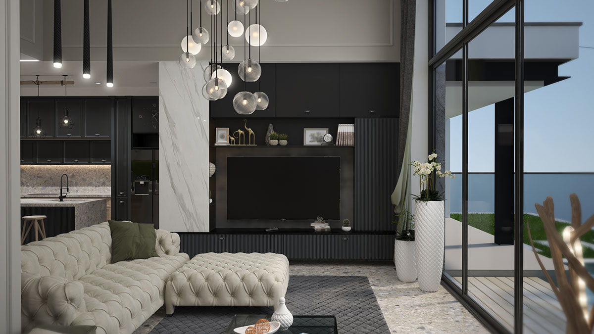 Modern luxury living room interior with tufted sofa, black accent wall, pendant lighting and marble details