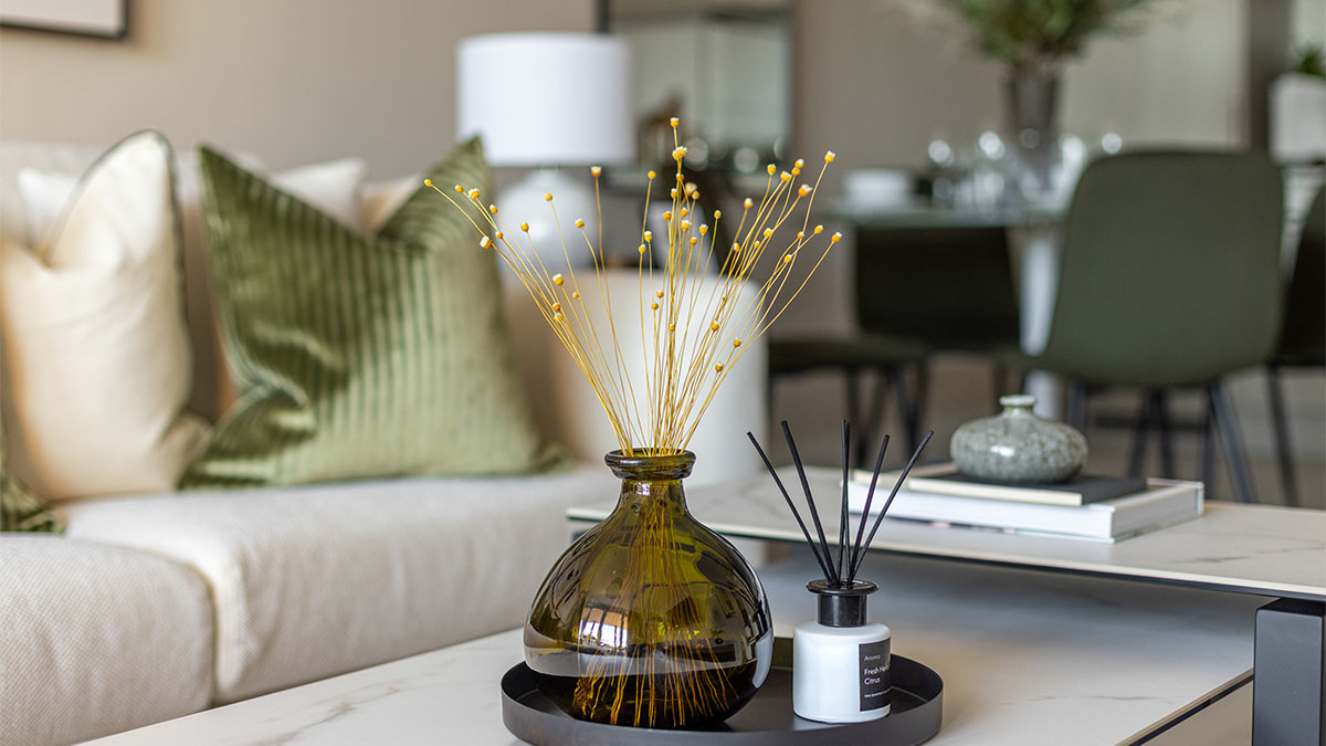 Decorative accessories and artwork styled in a professionally furnished BTR apartment