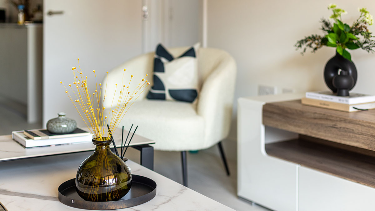 Decorative accessories and artwork styled in a professionally furnished BTR apartment