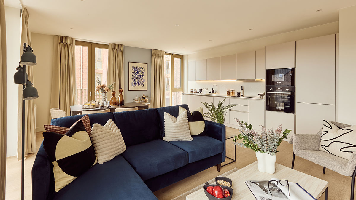 Bright open-plan living room and contemporary kitchen with stylish furniture and neutral décor.