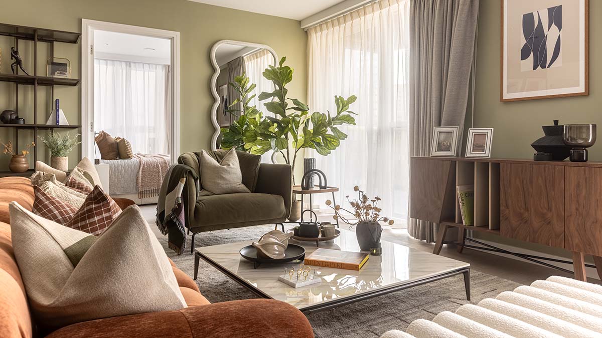 Furnished London property living room in Wembley with modern furniture, soft furnishings and contemporary interior styling.