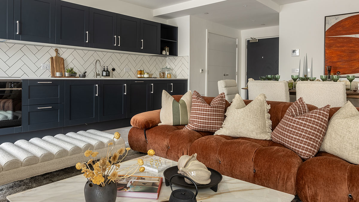 Open-plan London property with a fully furnished living area and modern kitchen designed for comfortable remote property furnishing