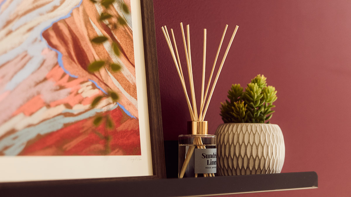Decorative reed diffuser and potted plant displayed on a shelf against a burgundy accent wall with framed artwork